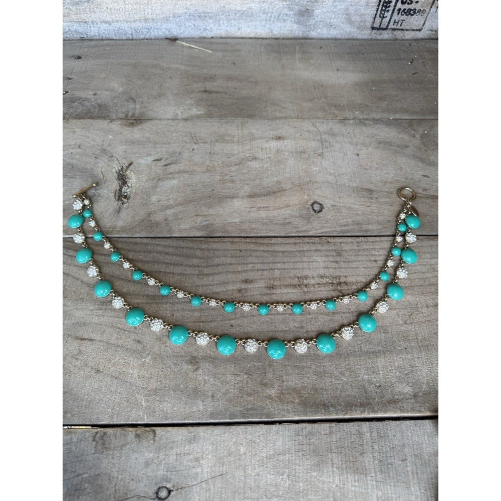 Ann Taylor Gold Tone Turquoise‎ & Clear Rhinestone Double Chain Necklace